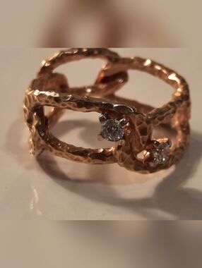 Hammered Gold Over 925 Silver Ring with Clear Stones - Women Jewelry